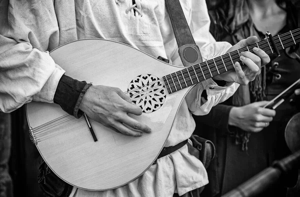 Ortaçağ Gitaristi Ortaçağ Müziği Çalan Eski Bir Müzisyenin Ayrıntıları Sokak — Stok fotoğraf