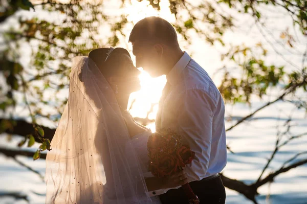 Hochzeit. ein Liebespaar am Ufer des Flusses — Stockfoto