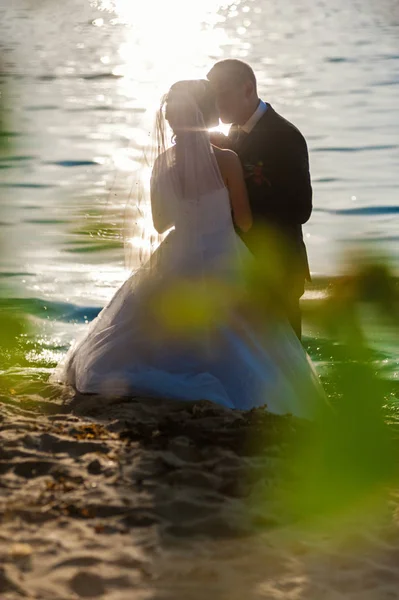結婚式。川の土手上の愛情のあるカップル — ストック写真