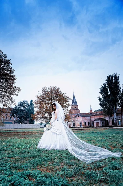 Noiva no pano de fundo do castelo — Fotografia de Stock