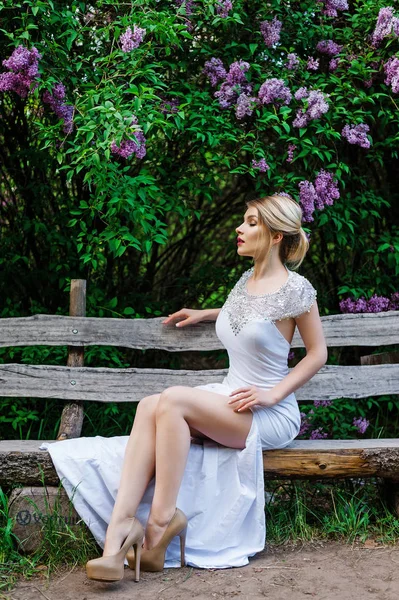 Modelo de moda elegante em um vestido branco longo posando no parque — Fotografia de Stock