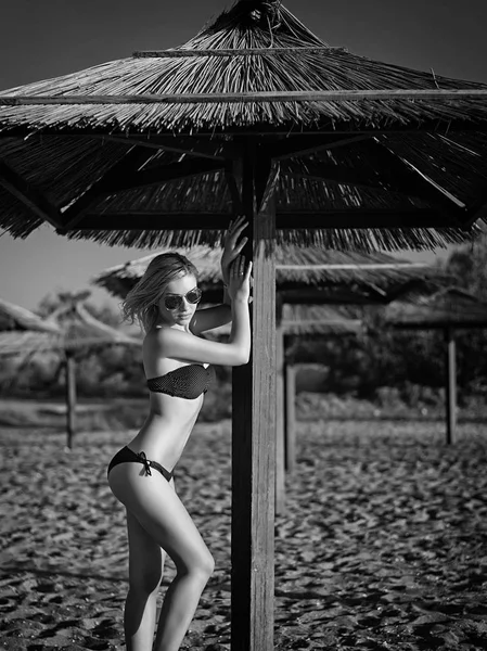 Güneşin bir şemsiye (siyah ve beyaz altında saklanıyor denize sıfır, plaj tatil güzel kız)