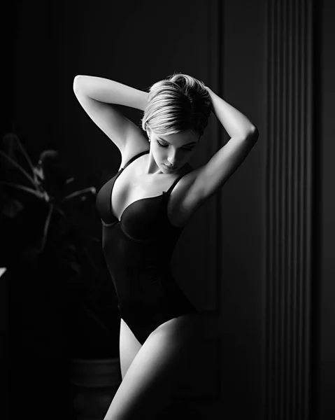 Sporty Sexy Girl Posing Lingerie Window Black White — Stock Photo, Image