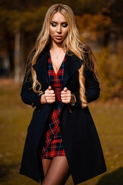 Sexig Långhårig Blondin Rutig Klänning Går Hösttorget Fotografering Höstparken — Stockfoto