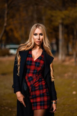 Sonbahar meydanında kareli elbiseli seksi, uzun saçlı sarışın yürüyüşler. Sonbahar parkında fotoğraf çekimi.