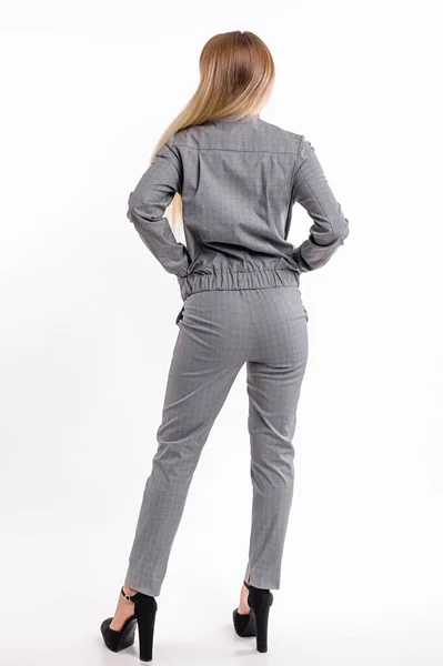 Attractive Girl Trouser Suit White Wall Background — Stock Photo, Image