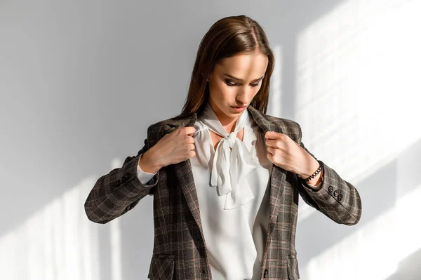 Attractive Girl Checkered Suit White Background Catalog Clothing Magazine — Stock Photo, Image