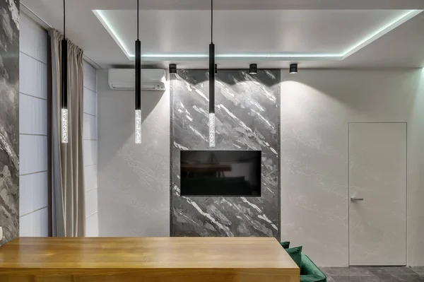 Interior Uma Sala Estar Moderna Como Parte Estúdio Cozinha — Fotografia de Stock