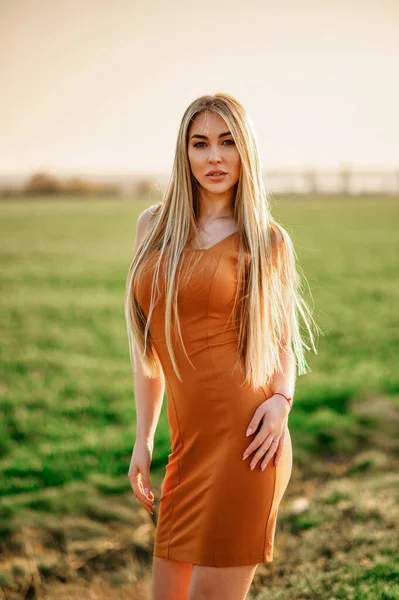 Rubia Lujo Corto Vestido Casual Naranja Posando Contra Campo Verde —  Fotos de Stock