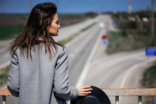 Fashionable Attractive Young Girl Posing Road Woman Thought Life Ways — Stock Photo, Image