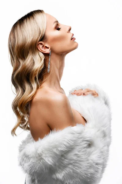 Charming Sexy Blonde White Fur Coat Studio White Background Profile — Stock Photo, Image