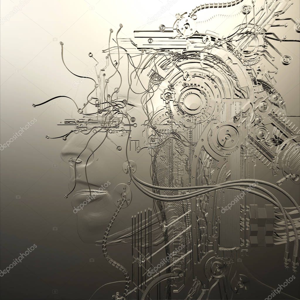 Digital 3D Illustration of a Female Cyborg Relief