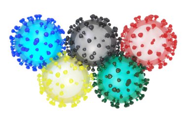 Koronavirüs sars-cov-2 ve olimpiyat halkalarının sembolik 3D çizimi