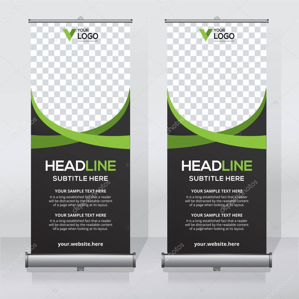 Roll up banner design template, vertical, abstract background, pull up design, modern x-banner, rectangle size. 