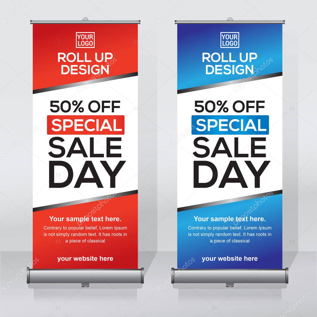 Roll up banner design template, vertical, abstract background, pull up design, modern x-banner, rectangle size. 