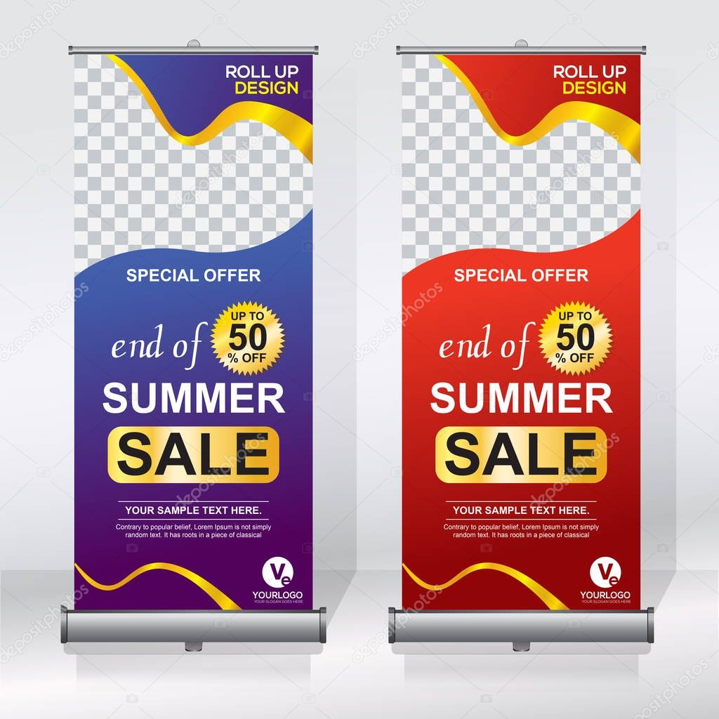 Roll up banner design template, vertical, abstract background, pull up design, modern x-banner, rectangle size. 