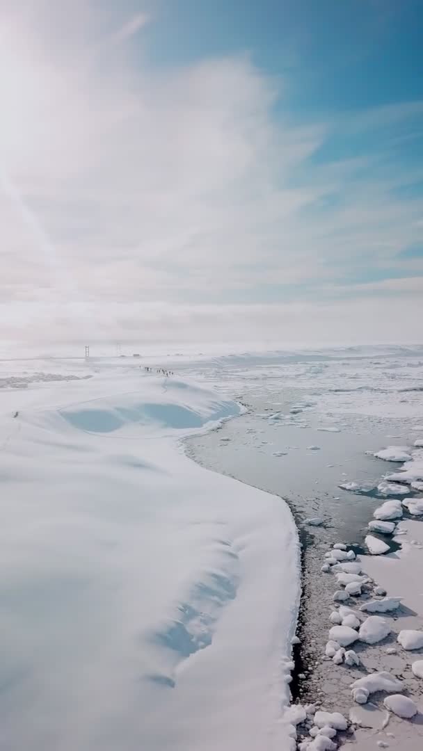 수직 촬영 영상, 조 쿨 사 론 석호에 떠 있는 빙산 위를 나는 모습, 극적 인 자연의 겨울 풍경, 아이슬란드 의기 후 변화에 대한 강력 한 메시지 — 비디오