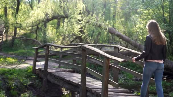 Chica camina sobre un puente de madera en un parque o bosque — Vídeo de stock
