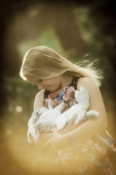 Little Girl Long Blond Hair Her Rabbit Love — Stock fotografie