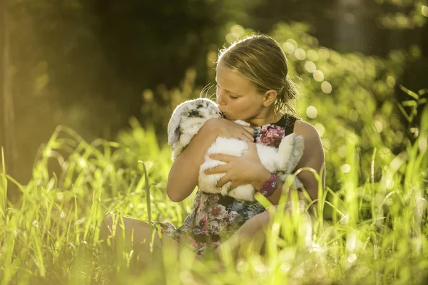 Adorable Baby Girl Her Little Rabbit — Φωτογραφία Αρχείου