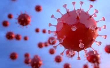 Coronavirus COVID-19. Bir grup koronavirüs havadaki bakterileri moleküllerine ayırır. 3B illüstrasyon.