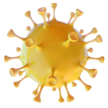 Coronavirus COVID-19. Beyaz arka planda yakın plan sarı koronavirüs molekülü. 3B illüstrasyon.