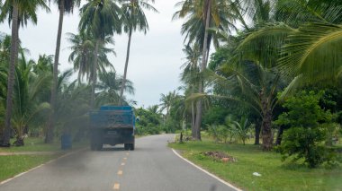 Blue dump truck driving thourgh Thai forest leaving trail of bla