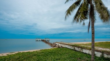 Tayland Körfezi 'ndeki Pak Nam Pran' da harap olmuş eski balıkçı iskelesine uzanan palmiye ağacı ve yürüyüş yolu Tayland Körfezi 'nde çöktü.
