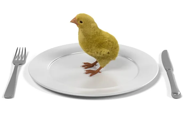 3D-Darstellung von Eiern und Hühnern auf Teller mit weißem Hintergrund — Stockfoto
