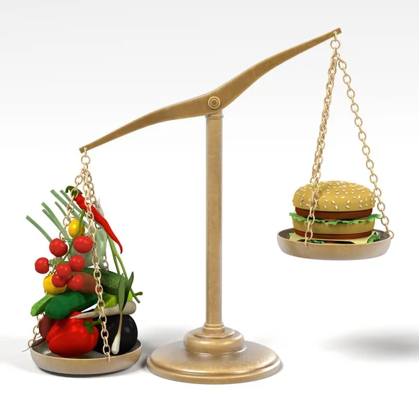 3d render of hamburger and vegetable on scales — Stock Photo, Image