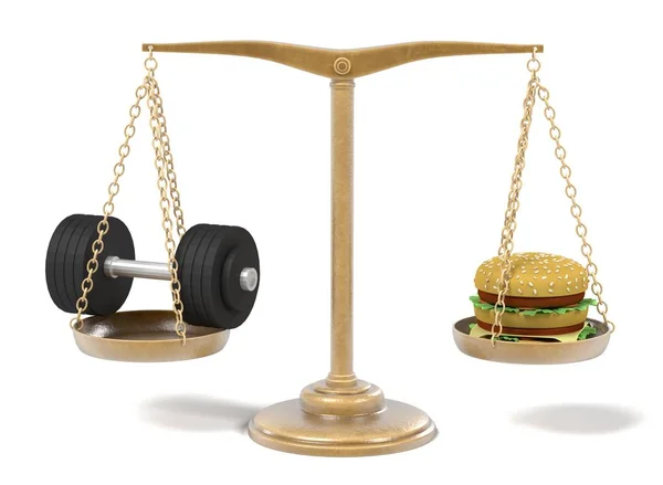 3d render of hamburger and weights on scales — Stock Photo, Image