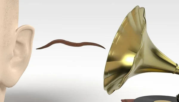 3d render of earworm - gusano musical que va del gramófono al oído —  Fotos de Stock