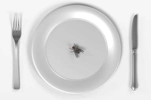 3D-Darstellung der Fliege auf dem Teller — Stockfoto