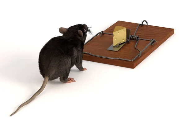 Rendering 3D del mouse con trappola per topi — Foto Stock