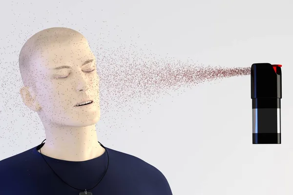 3D render van karakter met pepperspray — Stockfoto