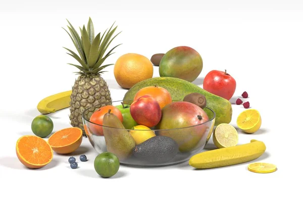 Rendu 3D réaliste de fruits avec bol en verre — Photo