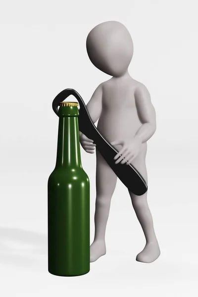 Realistisk Render Character Med Flasköppnare — Stockfoto