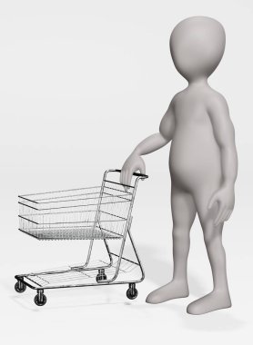 çizgi film karakteri alışveriş sepeti ile 3D render