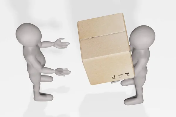 Renderizado Personaje Dibujos Animados Con Caja Cartón — Foto de Stock