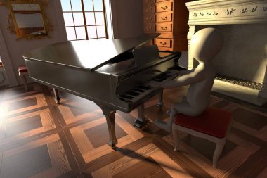 Salonda piyano çalan Çizgi Film Karakterinin 3d Render 'ı