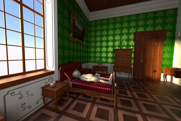 Render Cartoon Character Baroque Bedroom — Stock Photo, Image