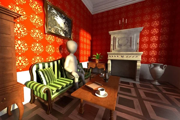 Render Cartoon Character Baroque Room — Stock Photo, Image