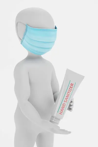 Render Cartoon Character Mit Gesichtsmaske Und Hand Sanitizer — Stockfoto