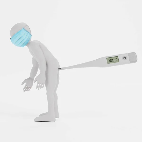 Zeichentrickfigur Mit Gesichtsmaske Und Thermometer — Stockfoto