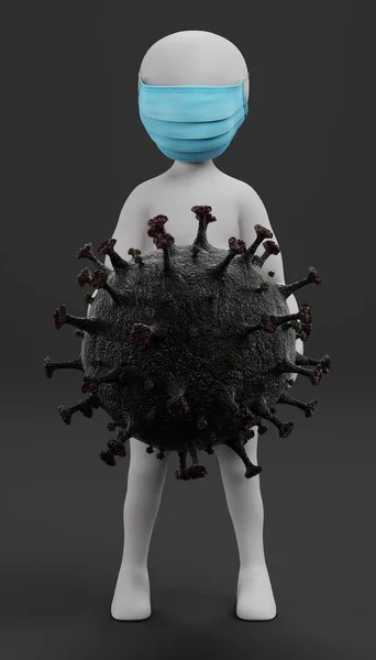 フェイスマスクとコロナウイルスモデルと漫画のキャラクターの3Dレンダリング — ストック写真