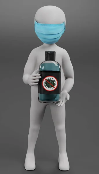 Render Cartoon Character Mit Gesichtsmaske Und Hand Sanitizer — Stockfoto