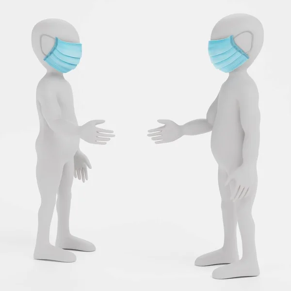 Render Cartoon Characters Face Mask Handshaking — Stock Photo, Image