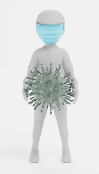 Render Cartoon Character Μάσκα Προσώπου Και Coronavirus Model — Φωτογραφία Αρχείου