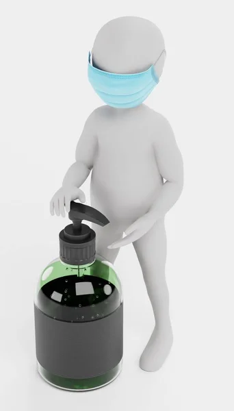 Render Cartoon Character Med Ansiktsmask Och Handdesinfektionsmedel — Stockfoto