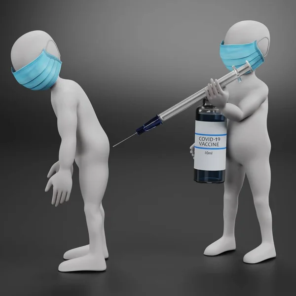 Render Cartoon Character Med Ansiktsmask Och Vaccin — Stockfoto